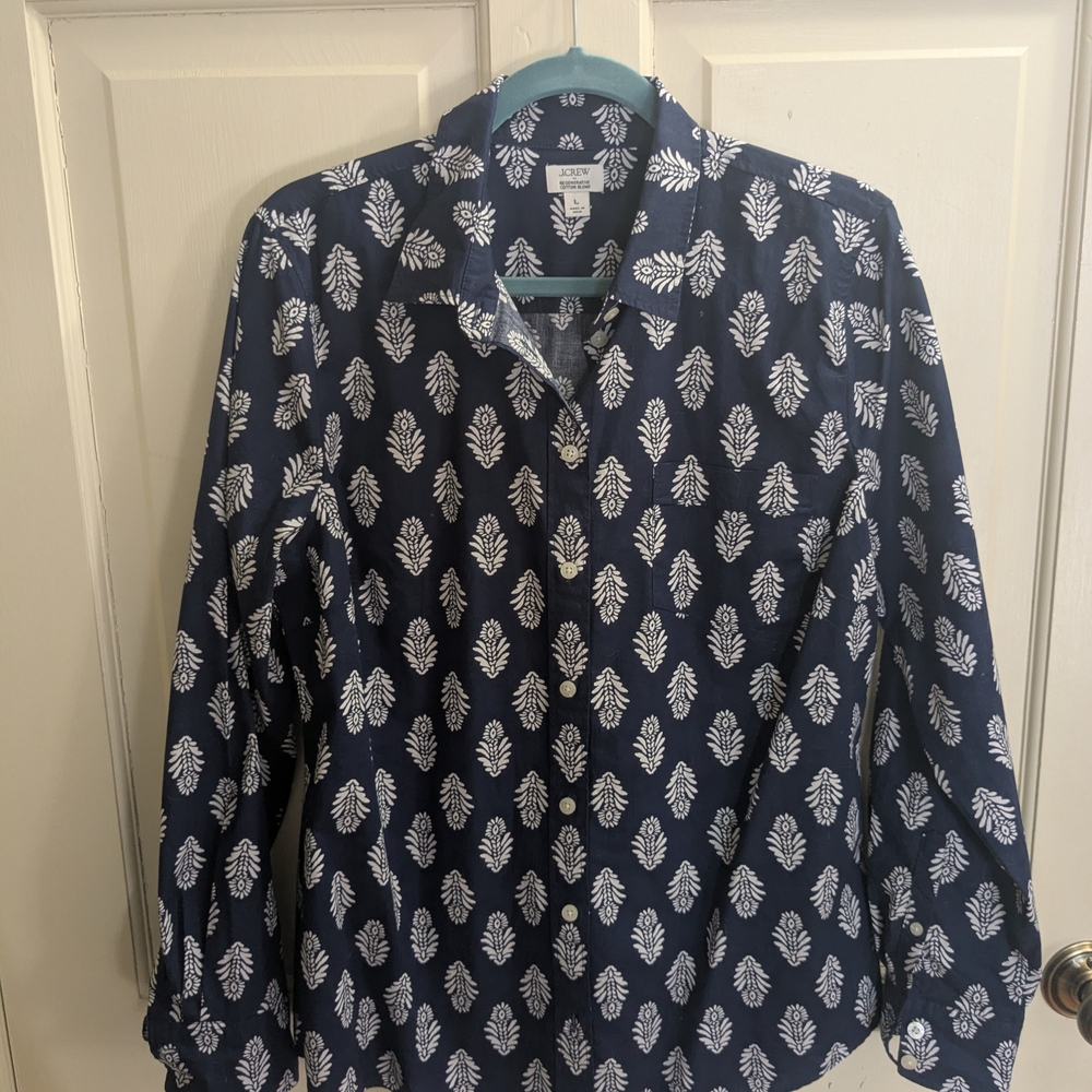 J. Crew Navy and White Leaf Print Shirt